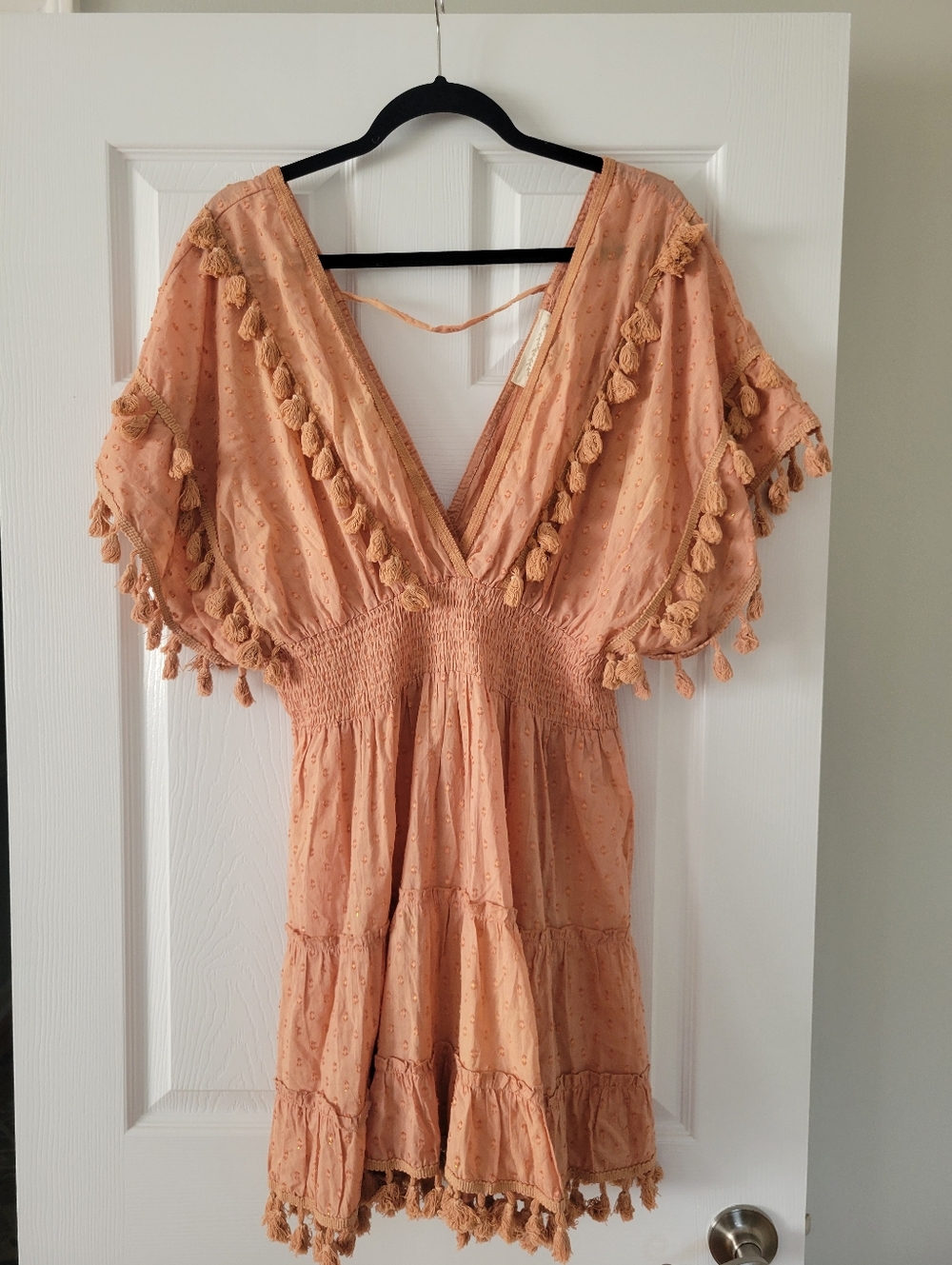 Womens Size XL Peach Tassel Trim Boho V-Neck Dress